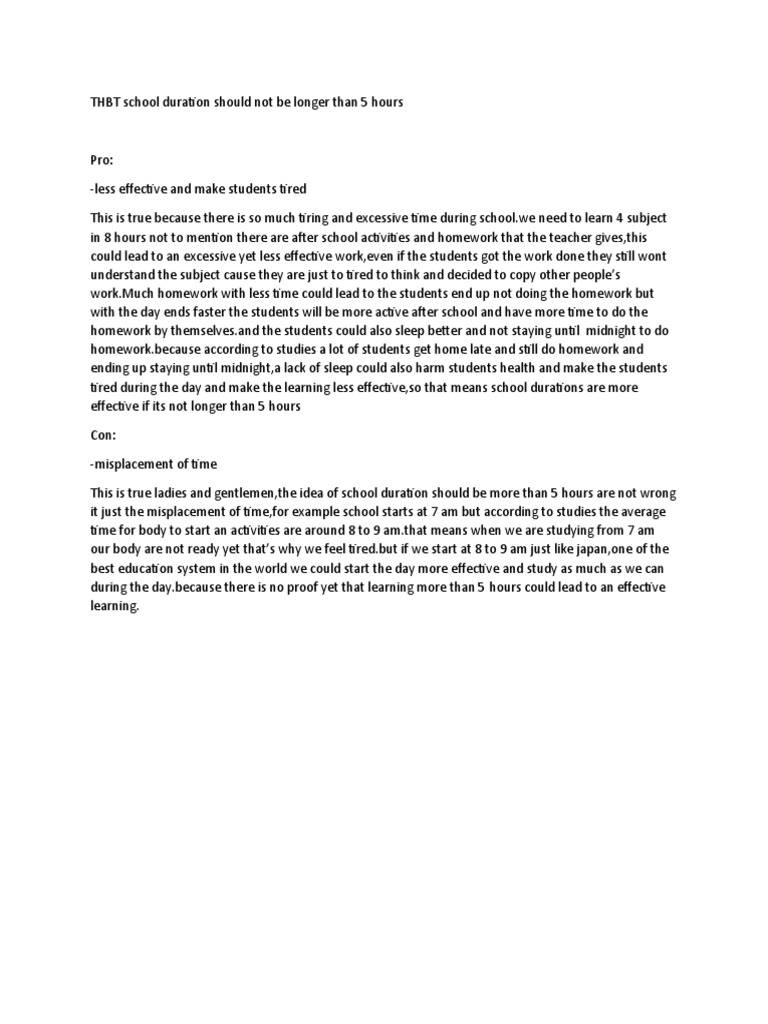 THBT School Duration Should Not Be Longer Than 5 Hours | PDF
