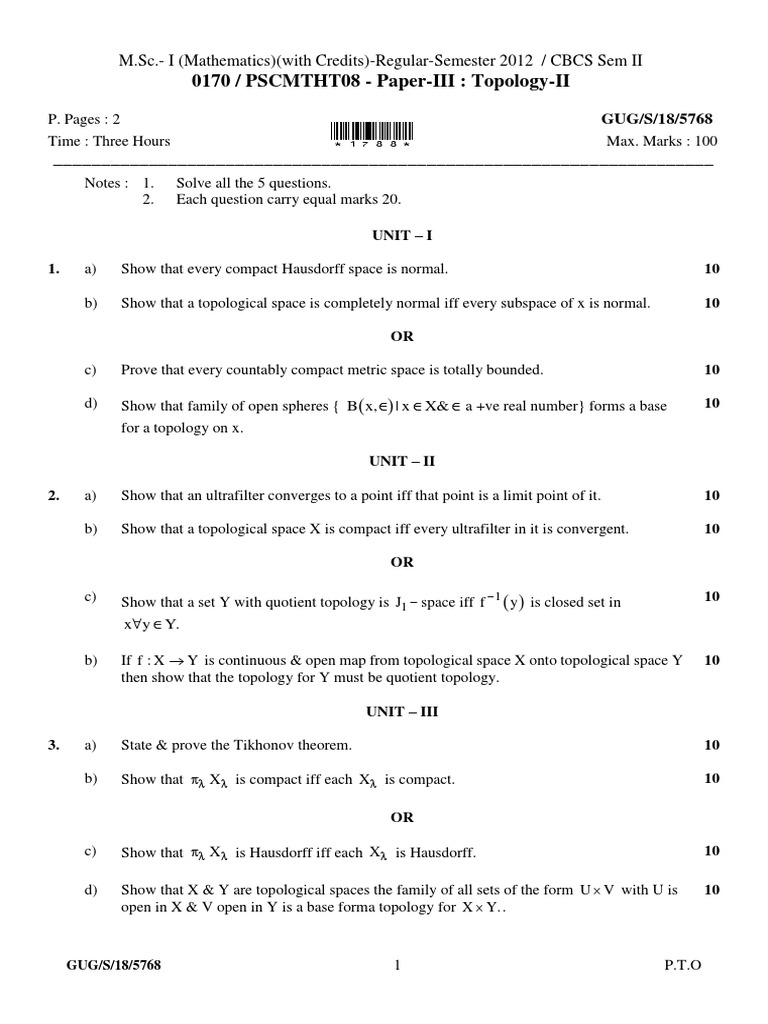 M.Sc. Mathematics Topology II Exam Paper | PDF | Compact Space | Metric ...