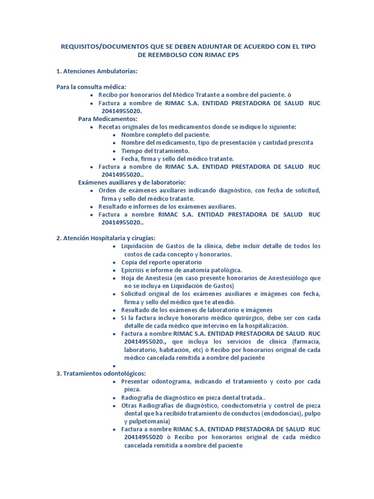 Documentos para Reembolso RIMAC EPS | PDF | Especialidades Medicas ...