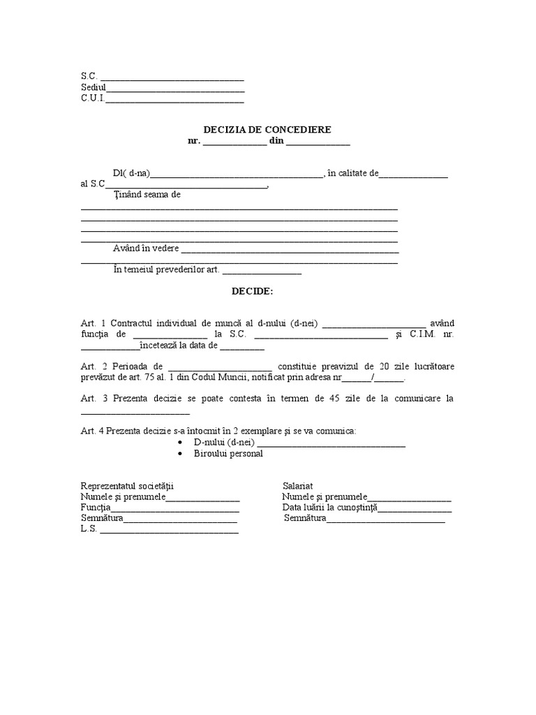 Model decizie de concediere pdf