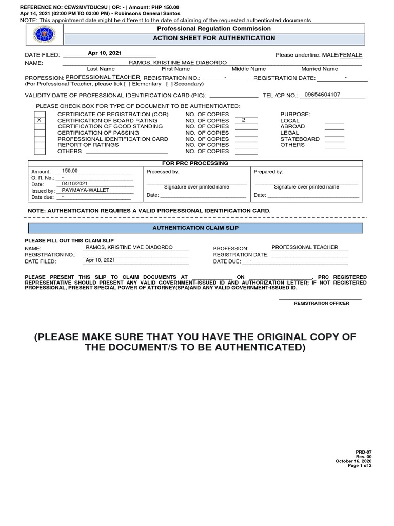 Please Make Sure That You Have The Original Copy of The Document/S To ...