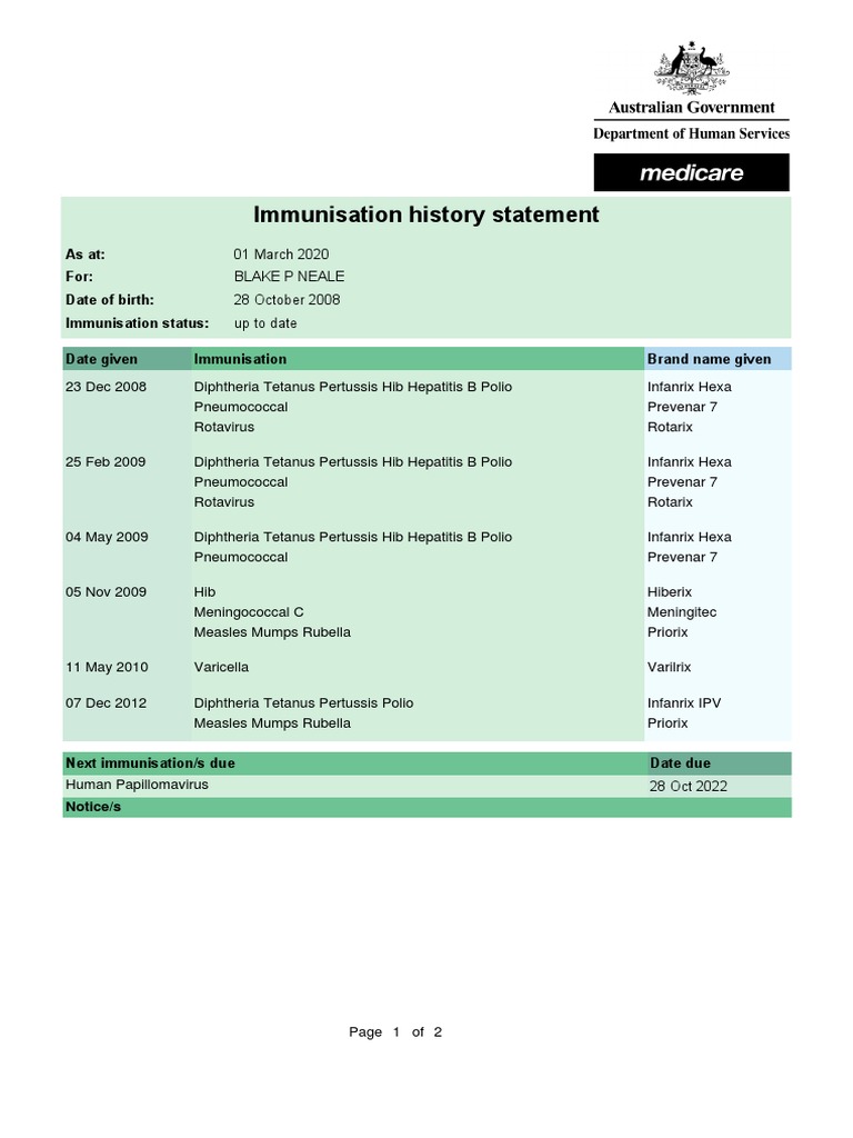 Immunisation History Statement for Blake Neale | PDF | Vaccines | Drugs