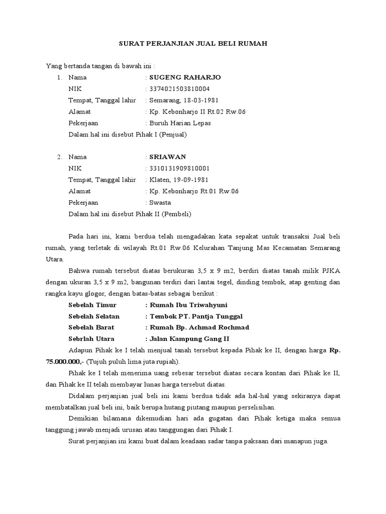 Surat Perjanjian Jual Beli Rumah | PDF