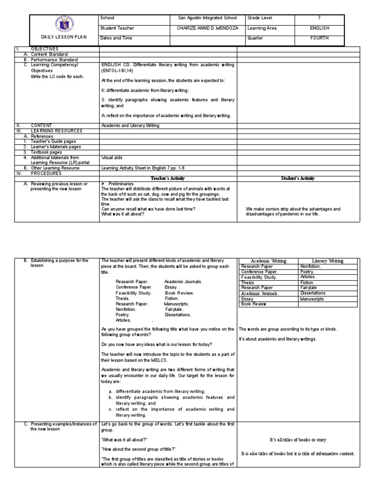 Daily Lesson Plan PDF Thesis Books