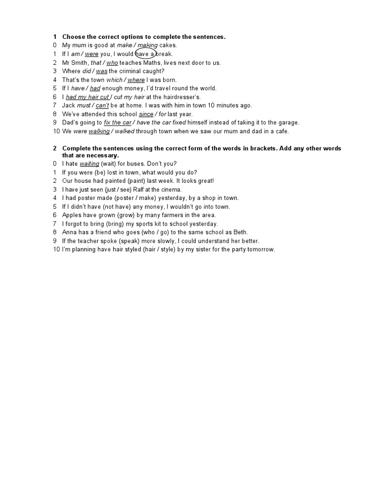 1 Choose The Correct Options To Complete The Sentences. / Cut My Hair