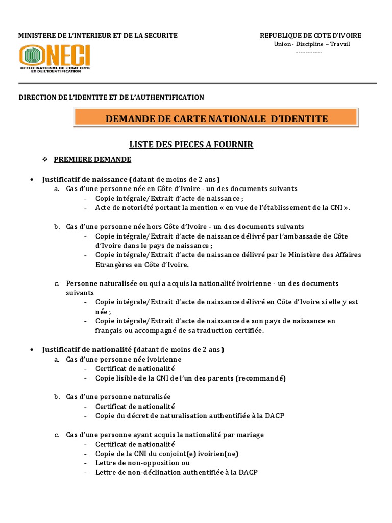 Demande de Carte d'Identité Ivoirienne | PDF | Certificat de naissance ...