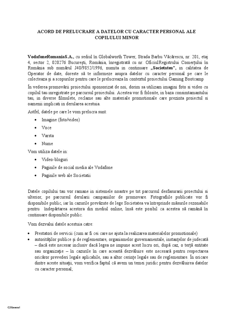 Acord Prelucrare Imagine Copil Minor GDPR | PDF