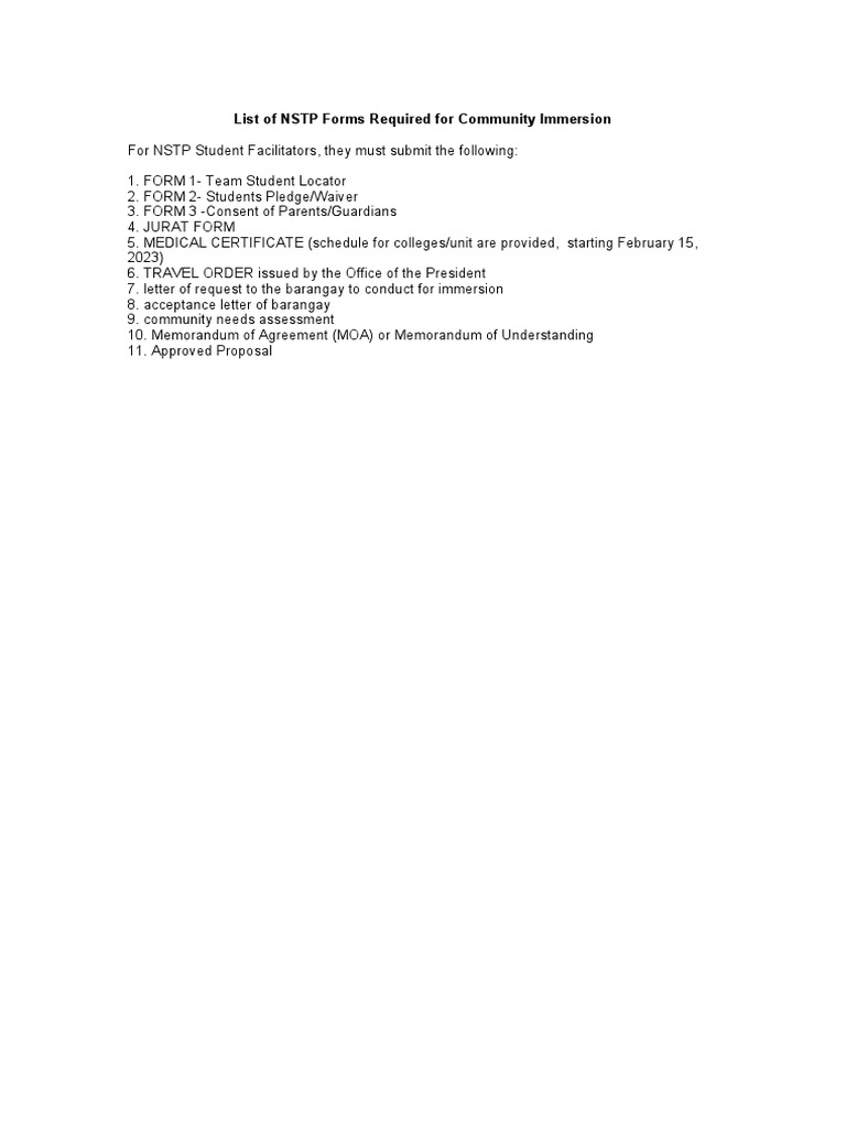 NSTP Community Immersion Forms List | PDF