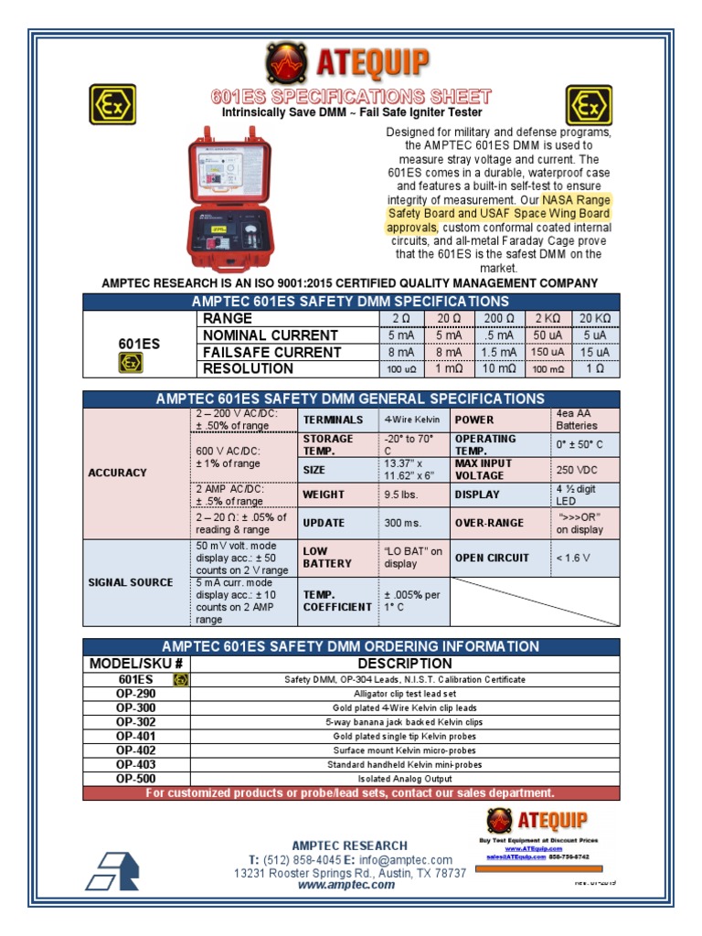 Amptec 601ES Explosive Safety DMM Specifications Sheet PDF