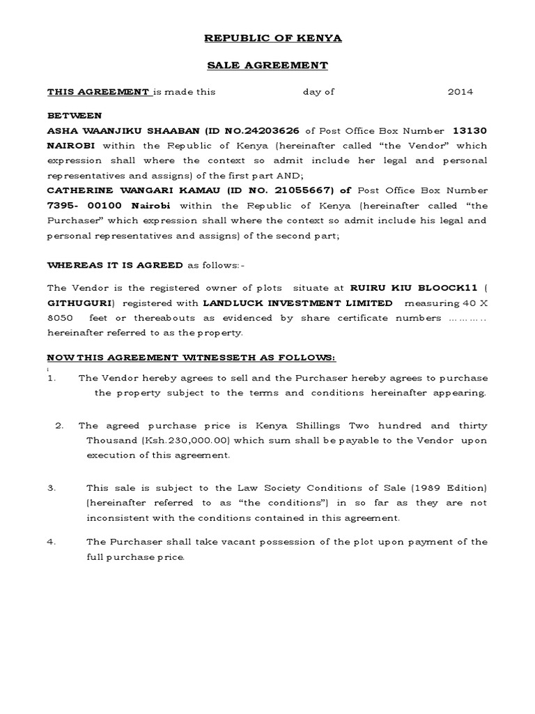 Kenya Land Sale Agreement PDF Property Property Law