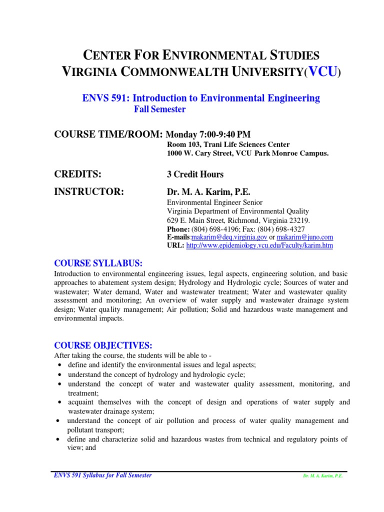 ENVS 591 Environmental Engineering Syllabus | PDF | Waste | Resource ...