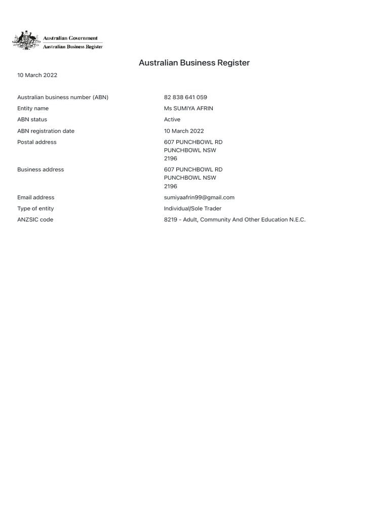 ABN Confirmation for Sumiya Afrin | PDF