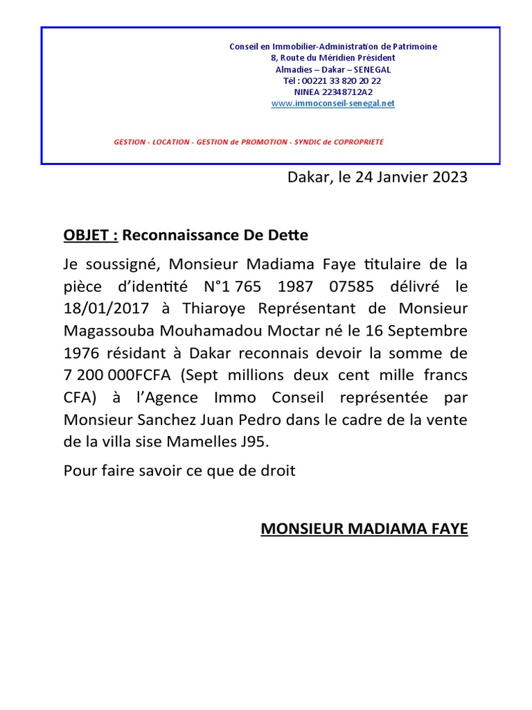 Modèle de Reconnaissance de Dette Sénégal | PDF | Maison et jardin