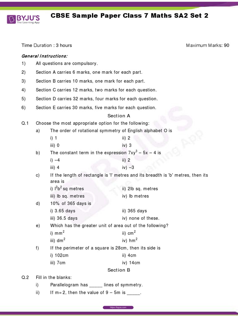 Cbse Sample Paper Class 7 Maths Set 1 Merged Or Pdf Or Triangle Or Area