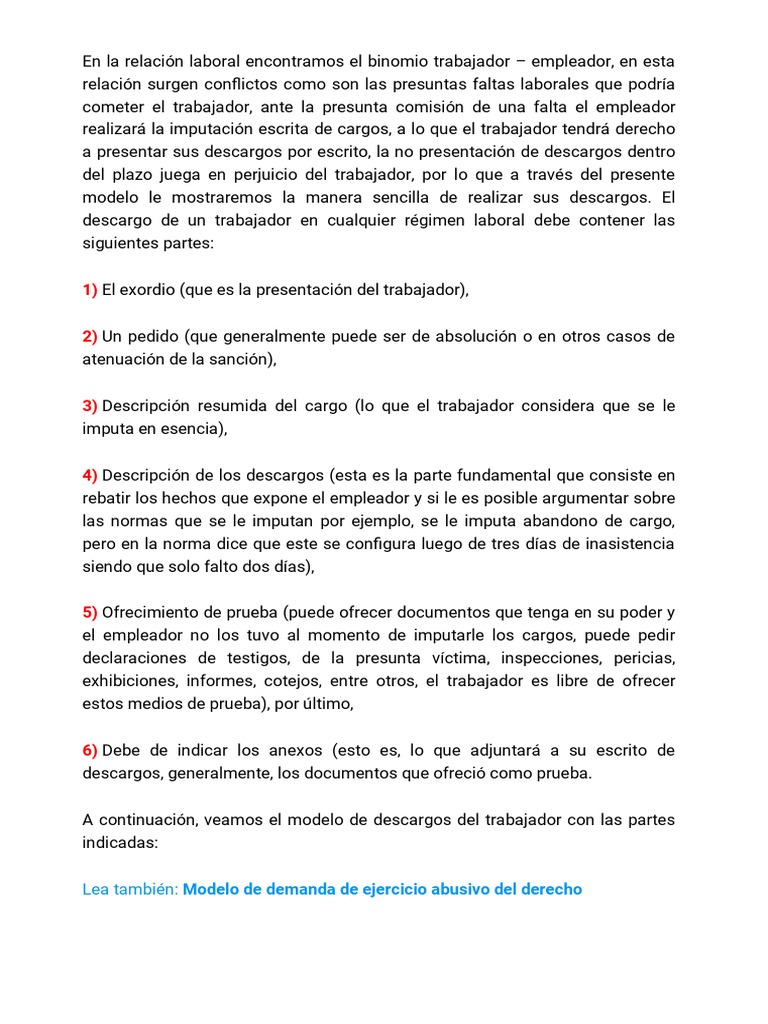 Modelo de Escrito de Descargo Del Trabajador | Descargar gratis PDF ...