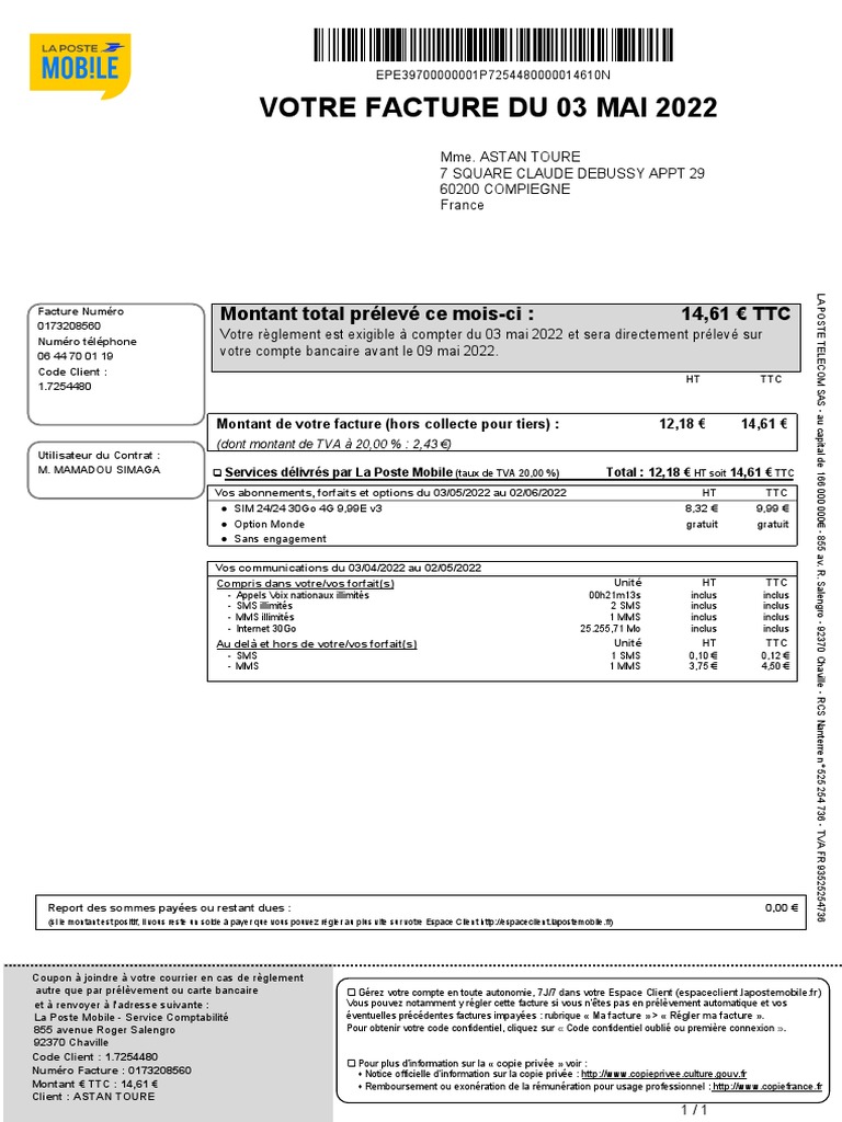 Facture La Poste Mobile - Mai 2022 | PDF | Facture | Taxe sur la valeur ...