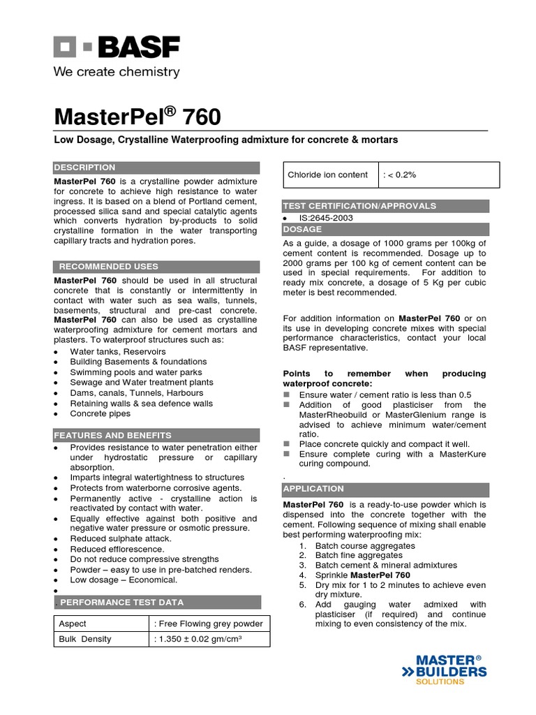 BASf Waterproofing Masterpel 760 v1 PDF Concrete Cement
