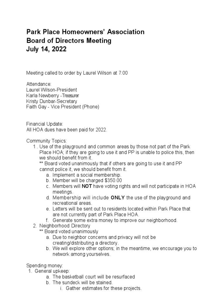 Park Place Homeowners' Association Board of Directors Meeting July 14