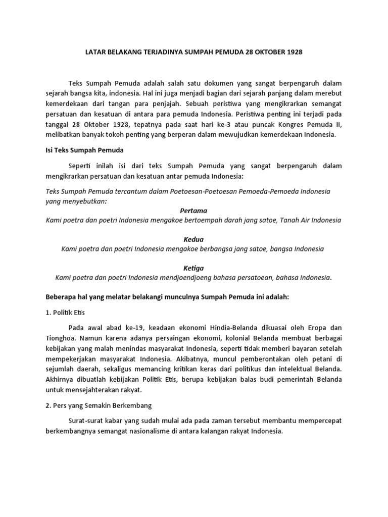 LATAR BELAKANG TERJADINYA SUMPAH PEMUDA 28 OKTOBER 1928 PDF