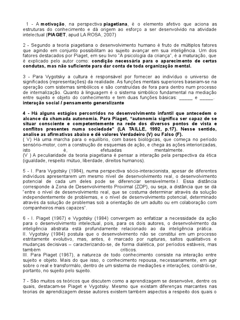 Teorias de Piaget e Vygotsky | PDF | Pensamento | Aprendizado