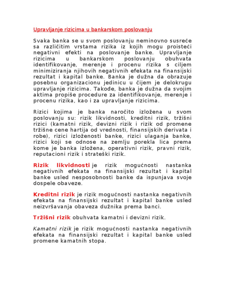 Upravljanje Rizicima U Bankarskom Poslovanju | PDF