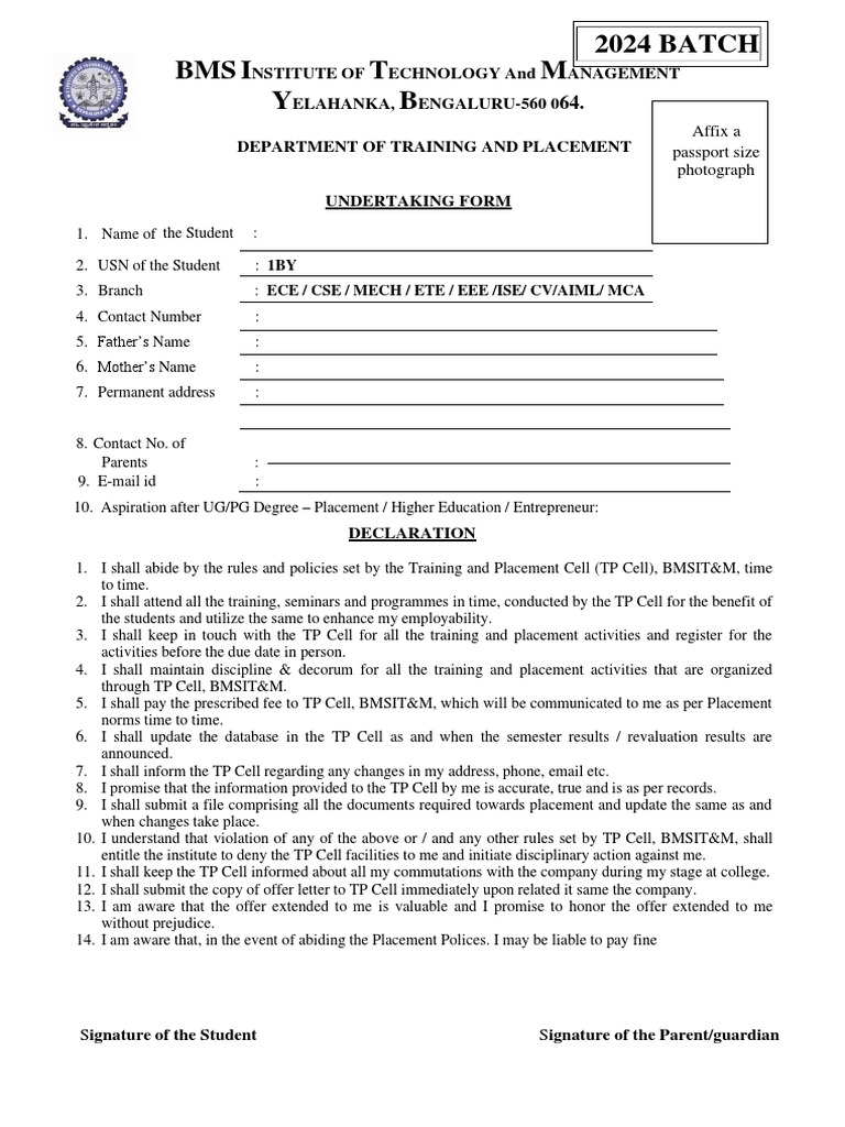 BMSIT Placement Undertaking Form | PDF