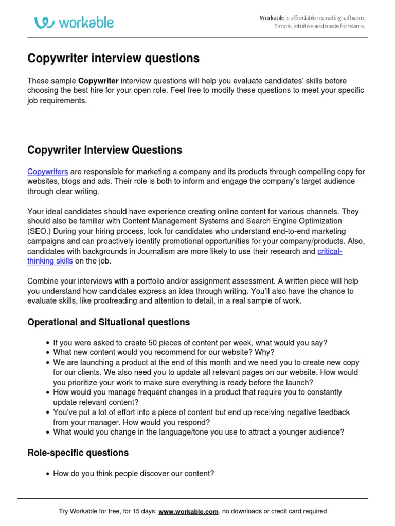Copywriter Interview Questions PDF Search Engine Optimization