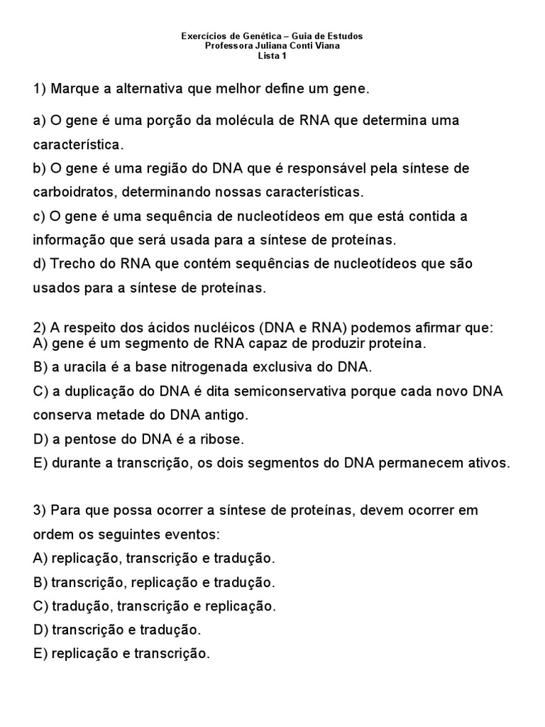 Lista Exercícios 1 - Genetica Humana | PDF | RNA | Gene