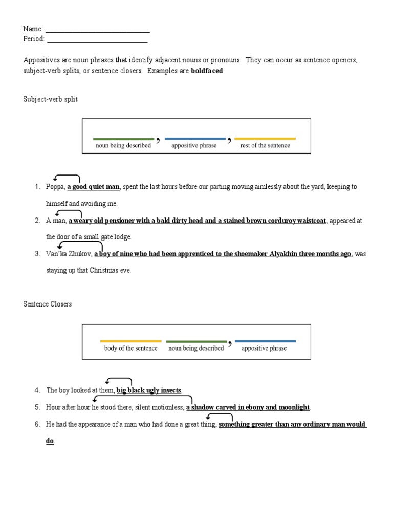 Appositive Worksheet PDF Linguistics