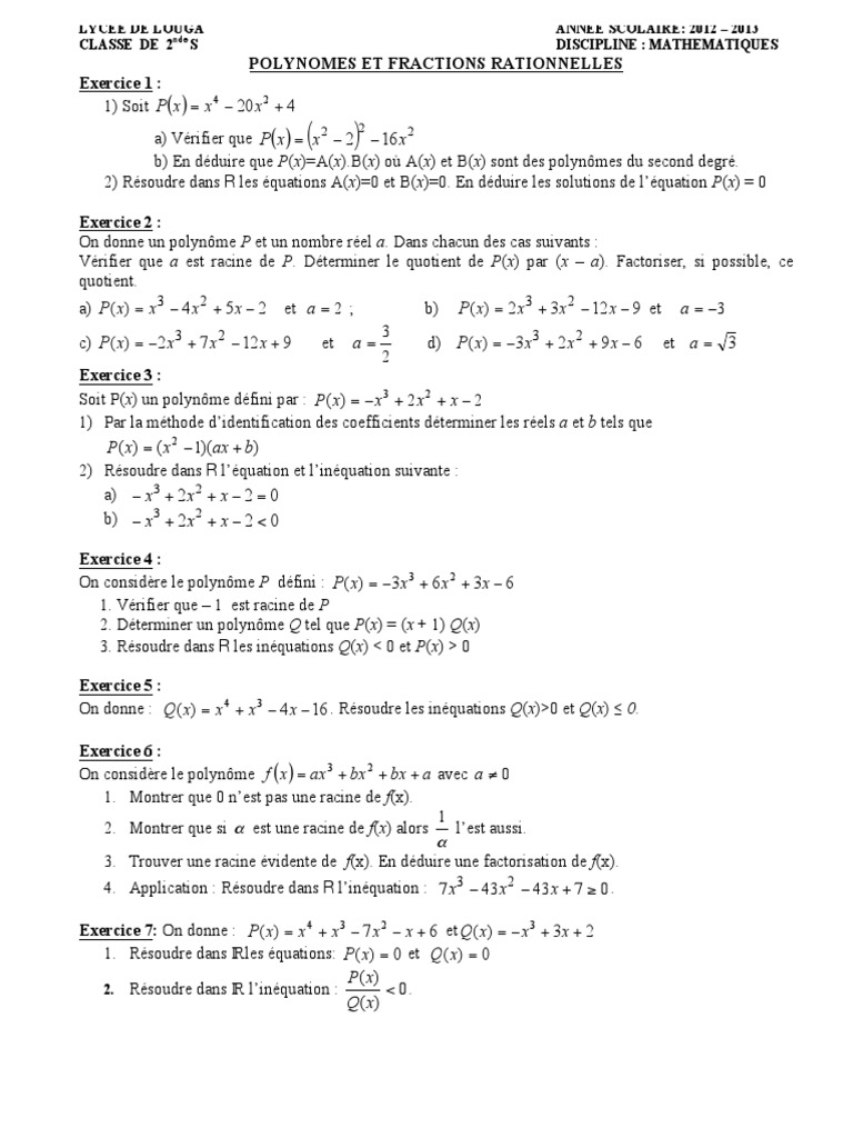TD1-Polynomes Et Fractions Rationnelles-2S | PDF | Polynôme | Zéro d ...