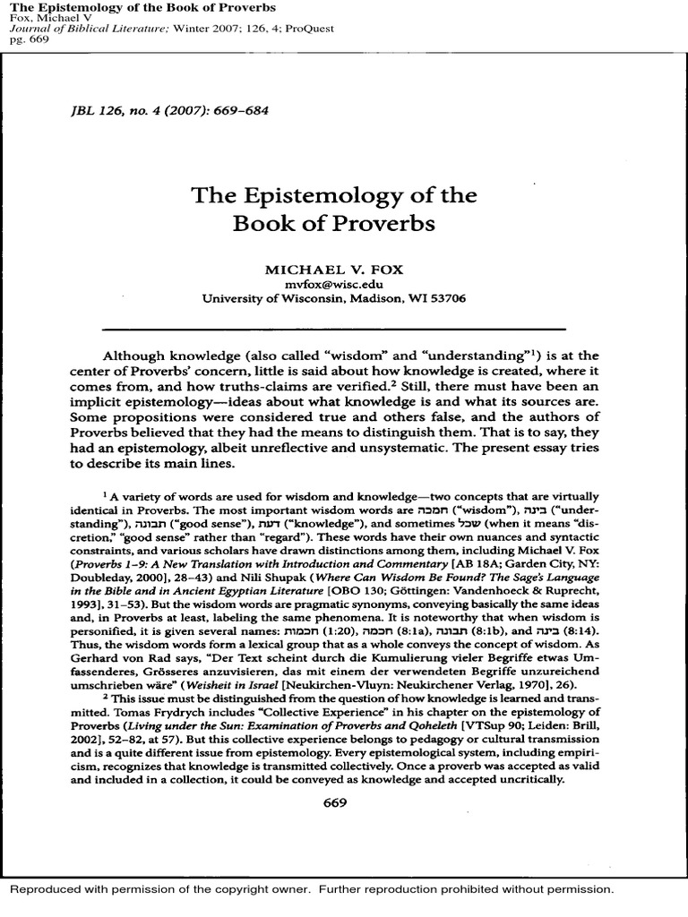 The Epistemology of The Book of Proverbs - Michael V Fox Journal of ...