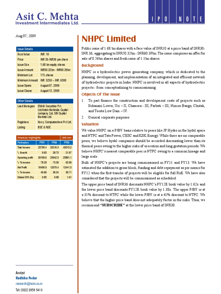 NHPC IPO Details and Pricing Insights | PDF | Hydroelectricity | Reservoir
