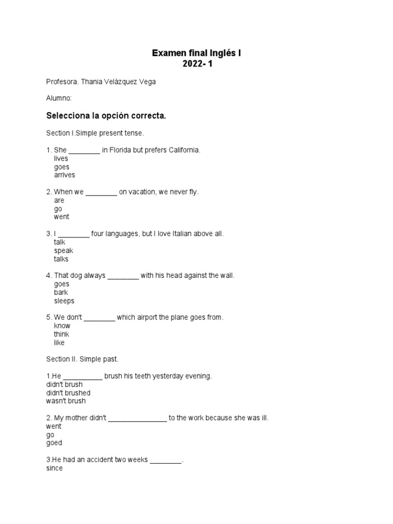 Final Exam English I PDF