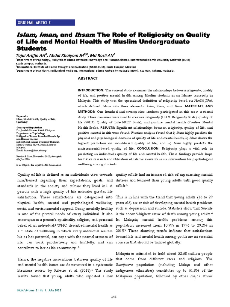 Islam, Iman, Ihsan: Impact on Youth Wellbeing | PDF | Mental Disorder ...