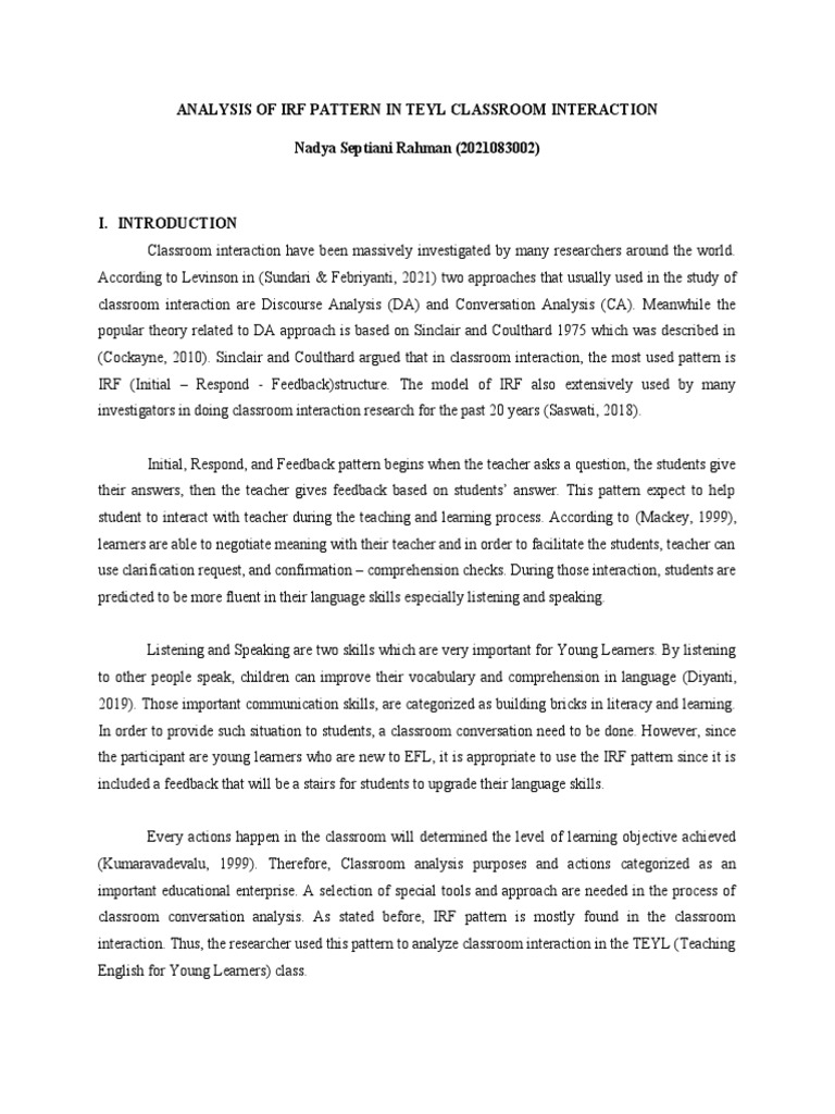 IRF Pattern in TEYL Classroom Interaction | PDF | English As A Second ...