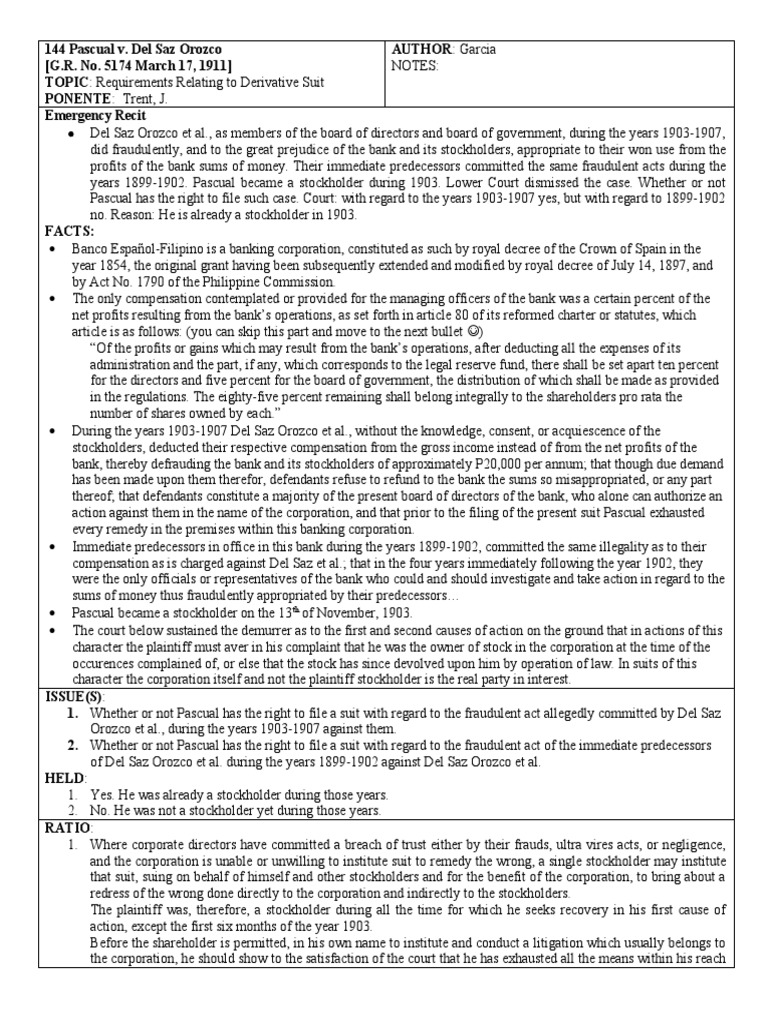 Pascual v. Del Saz Orozco: Derivative Suit Rights | PDF