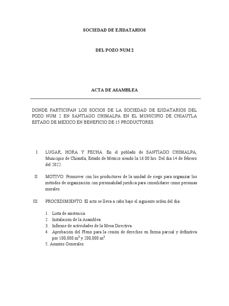 Acta de Asamblea Pozo Num 2 Febrero - 2022 | PDF | Gobierno | Justicia