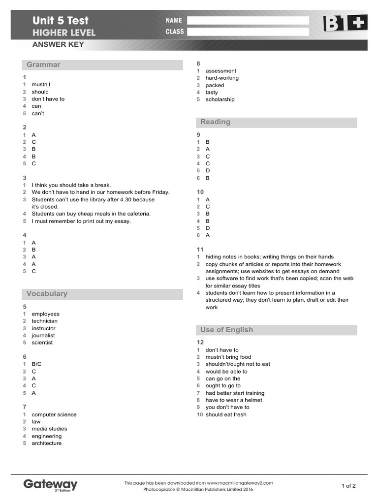 B1+ UNIT 5 Test Answer Key Higher PDF Cognition Communication