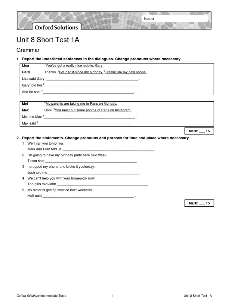 Unit 8 Short Test 1A Answers | PDF