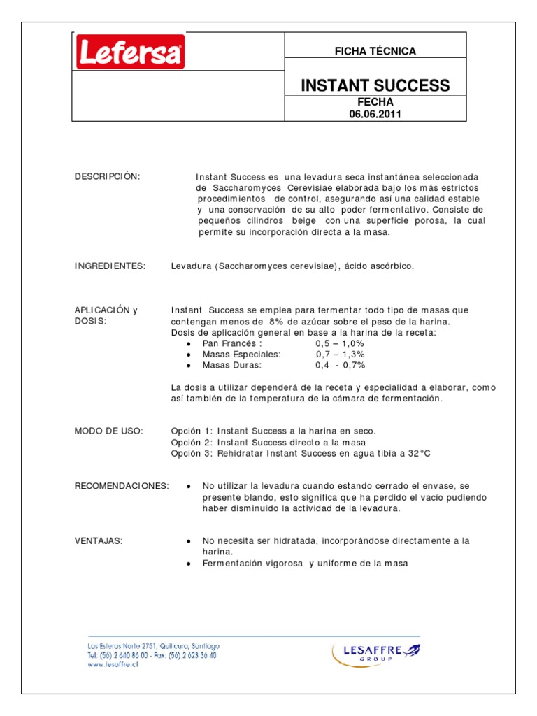 Ficha Técnica de Levadura Instant Success | PDF | Levadura | Panes