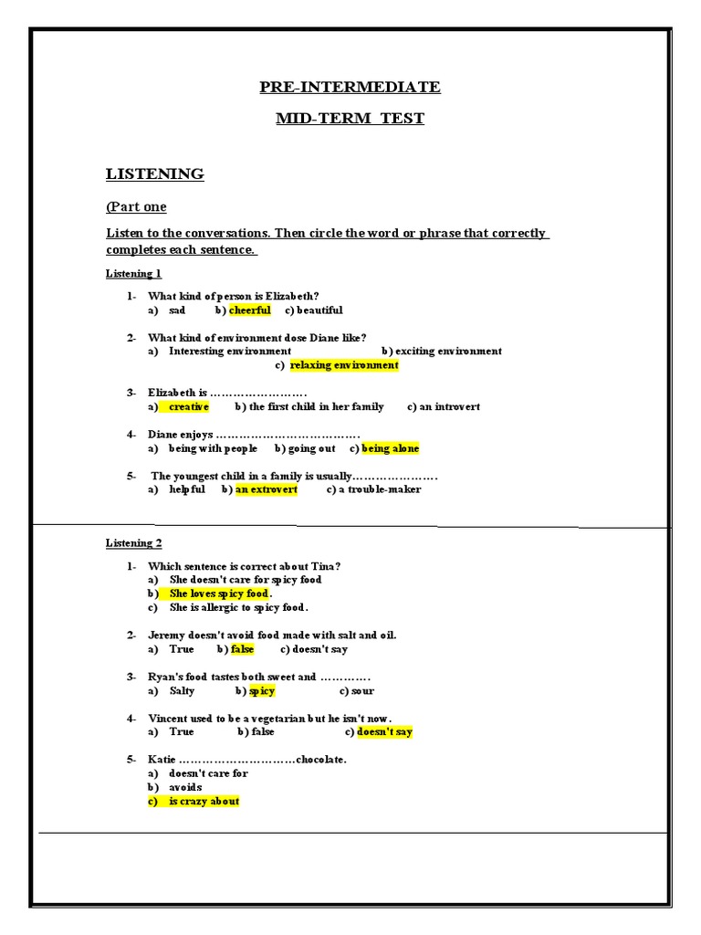 Pre-Intermediate Listening & Grammar Test | PDF | Human Communication ...