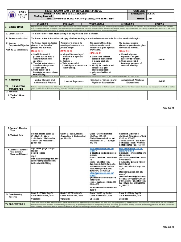 Grade 7 Math Lesson Plan: Week 3 | PDF | Variable (Mathematics) | Numbers