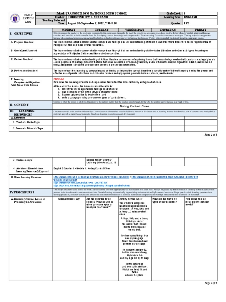 DLL Eng 8 Quarter 1 Week 2 | PDF | Learning | Teachers