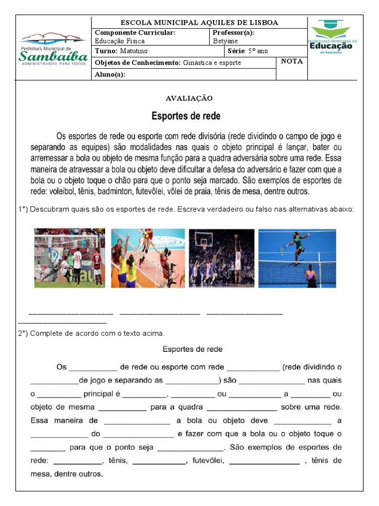 Avaliação de Educação Física - 5º Ano | PDF