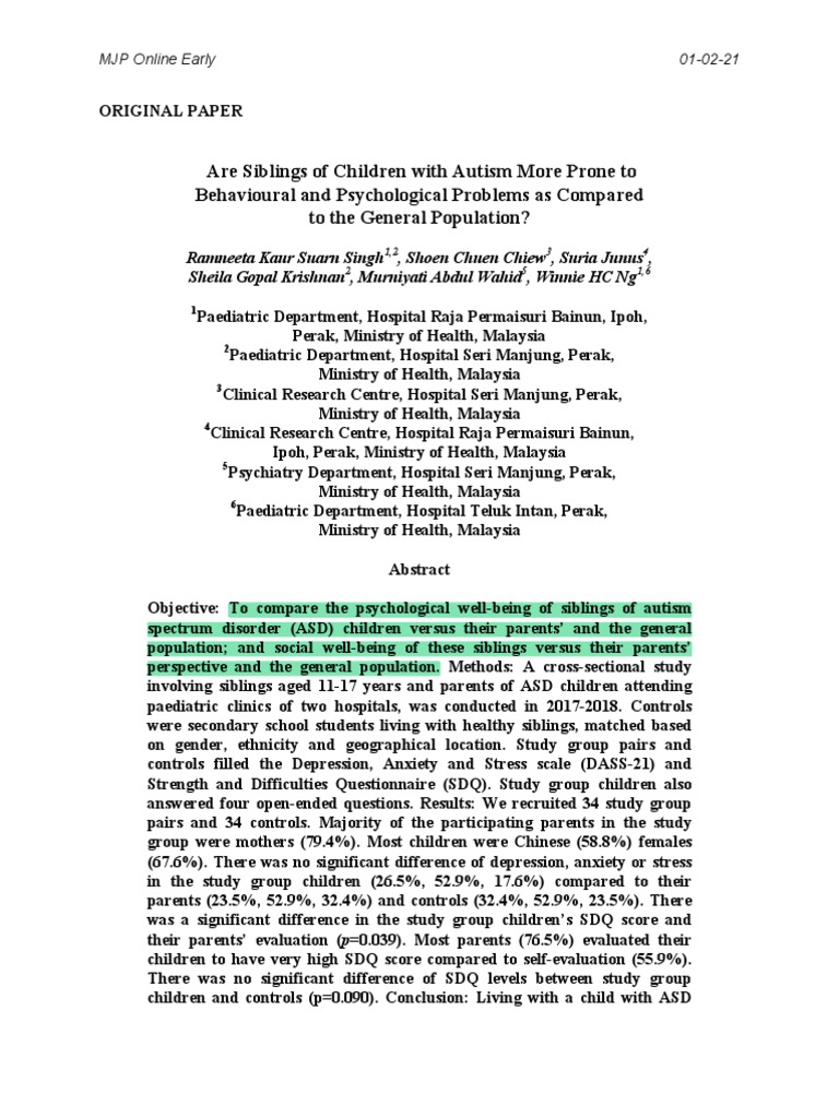 Siblings of Autistic Children: Well-Being Study | PDF | Autism Spectrum ...
