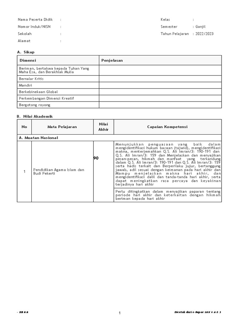 Contoh Rapor | PDF