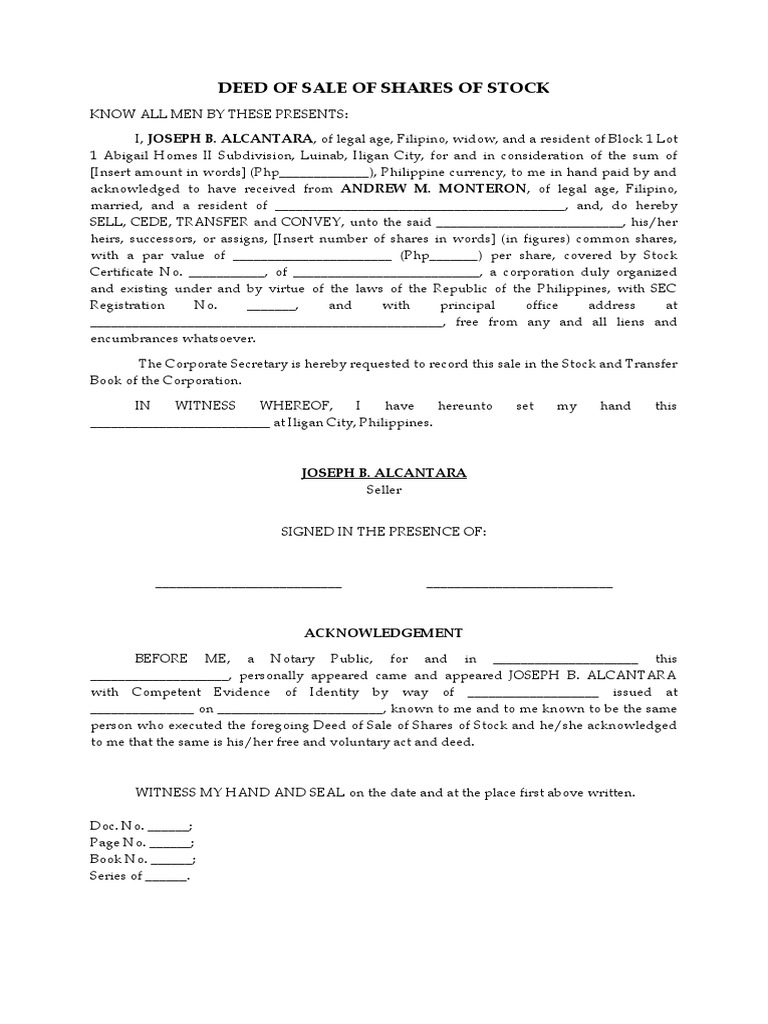 Sample deed of sale of shares of stock pdf