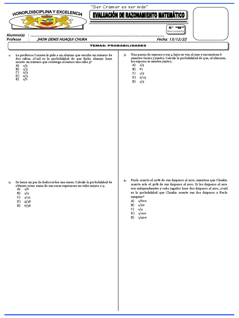 Ejercicios de Probabilidades para Secundaria | PDF