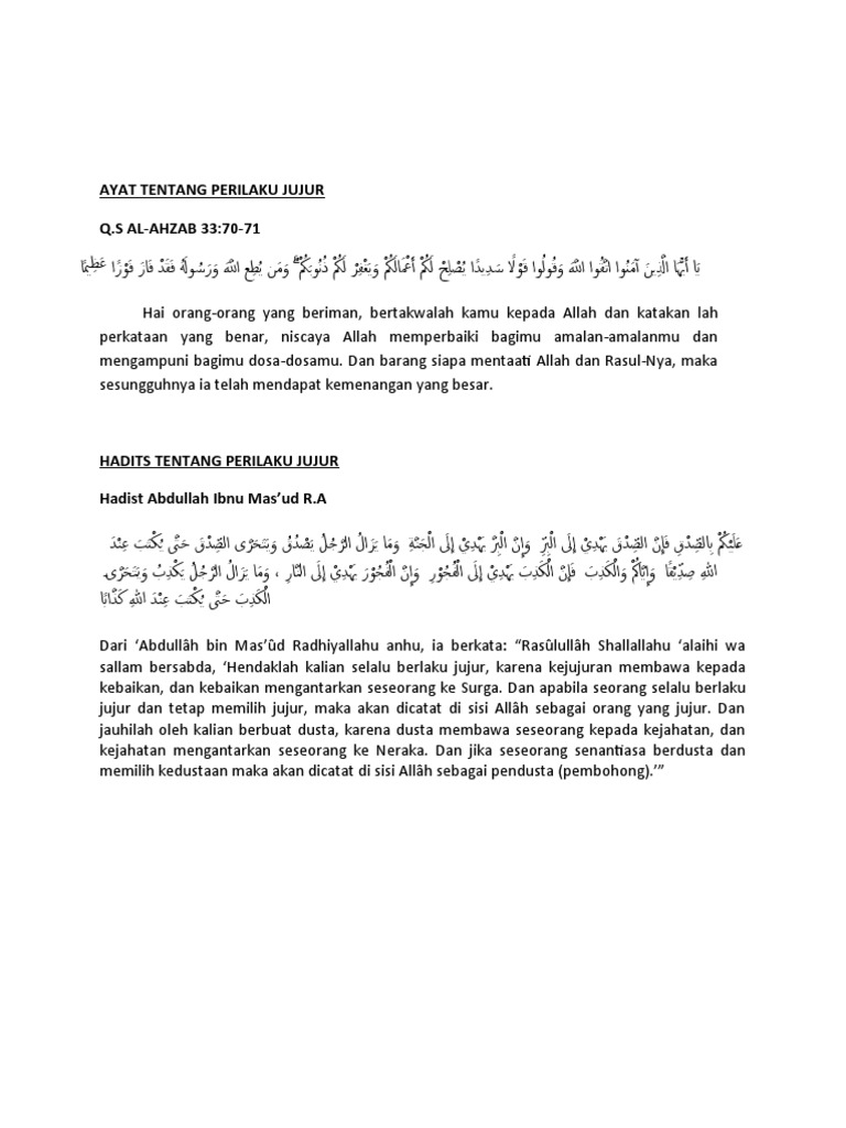 Ayat dan Hadits tentang Kejujuran | PDF