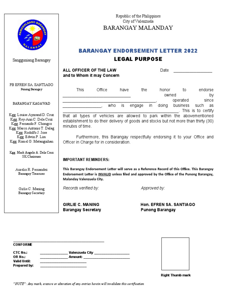 Barangay Endorsement Letter | PDF